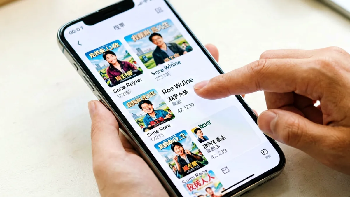 一部手机屏幕特写，显示漫画列表页面，手指正在左右滑动切换不同连载作品，界面清晰展示了作品封面、标题和章节序号
