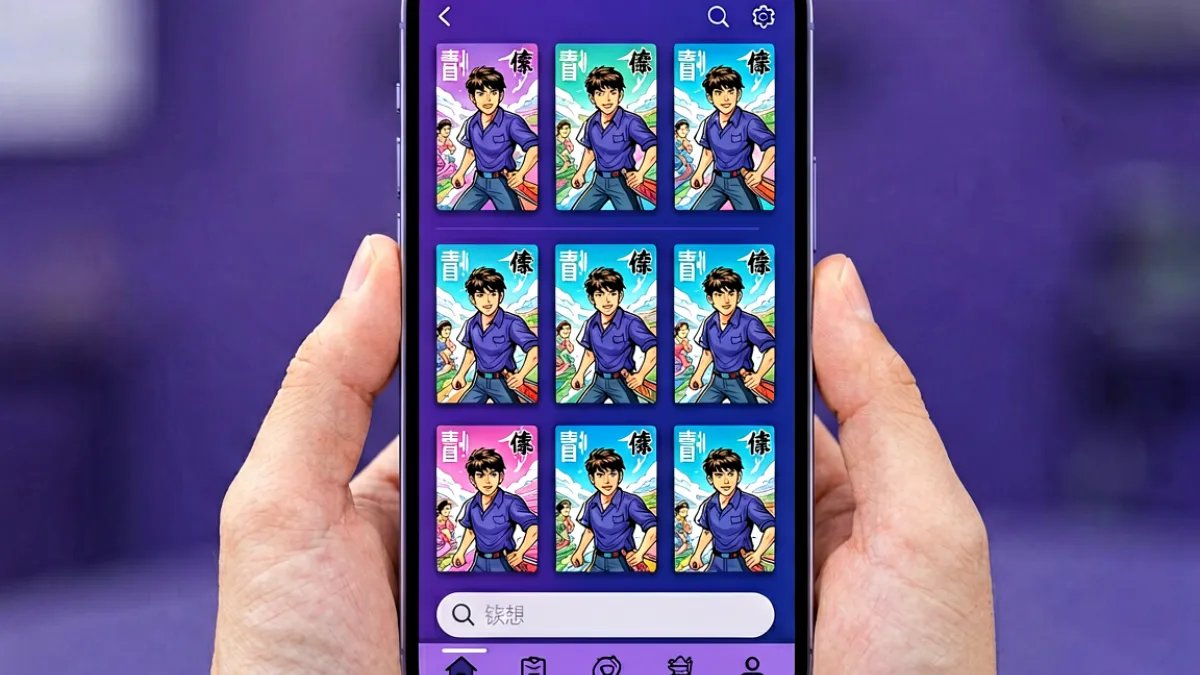 一张展示手机屏幕上的网站界面截图，屏幕上可以看到彩色漫画封面排列成网格状，底部有搜索栏和分类标签，整体色调以紫色和靛青色为主