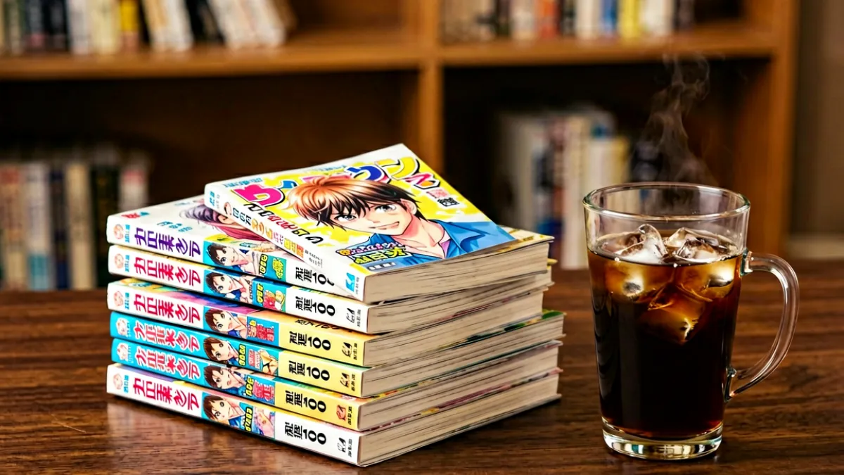 日系漫画书架上整齐排列着多本漫画单行本，书页封面露出不同角色的手绘插画，前景有一杯微冷的咖啡放在深色木桌上