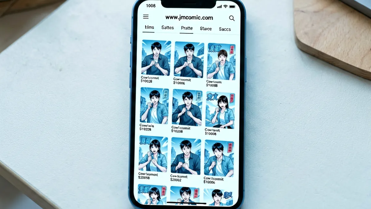 手机屏幕上显示www.jmcomic.com首页界面，顶部导航栏清晰可见分类入口，下方是多列作品缩略图网格排列，整体布局整洁有序