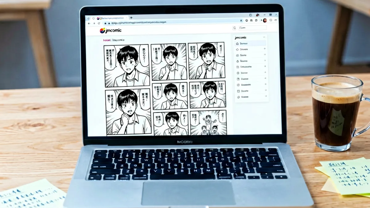 一张展示电脑屏幕上打开漫画阅读界面的示意图，浏览器标签栏可见 www.jmcomic.com 网址，屏幕上呈现多格漫画分镜与侧边工具栏布局